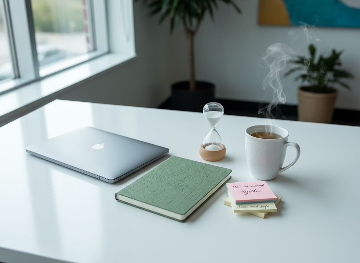 A crisp white desk surface in a modern Bay Area office holds a neatly arranged reflective practice vignette: a slim silver laptop partially closed, a thick, embossed notebook in a muted sage-green cover, and a porcelain mug of herbal tea with faint steam rising. Next to the notebook, a small stack of pastel sticky notes reads affirming phrases in elegant handwriting: “You are enough,” “Growing together,” and “Seen and safe.” A minimalist sand timer with fine white sand adds a sense of mindful pacing. Cool daylight from a large nearby window washes the scene with even, diffused light, reducing harsh shadows. Photographed from a three-quarter overhead angle, the image is sharp and uncluttered, with a sophisticated, calm, and professional atmosphere in photographic realism.