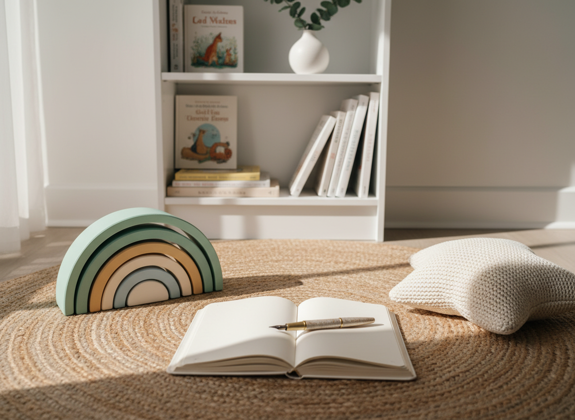 An assortment of early childhood toys lies neatly on a natural jute rug: a wooden rainbow stacker in muted coastal colors, a cotton-knit star-shaped pillow, and a small, open journal with a fountain pen resting diagonally across creamy, blank pages. In the background, a minimalist white bookshelf holds thoughtfully curated picture books and a ceramic vase with eucalyptus stems. Golden hour sunlight from a nearby window creates long, gentle shadows and a soft sheen on the wood grain. Shot from a slightly overhead angle with shallow depth of field, the center focus is the journal and pen, suggesting reflective practice and thoughtful care. The mood is warm, sophisticated, and quietly inspiring, rendered in clean, photographic realism.