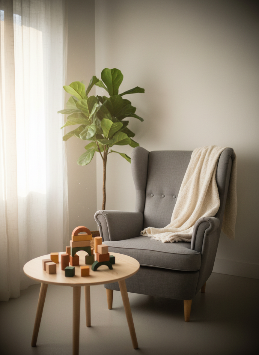 A cozy therapy corner is represented only through objects: a high-backed, dove-gray upholstered armchair with a soft wool throw folded over the arm, facing a low birch wood play table. On the table, a carefully arranged set of smooth wooden blocks in gentle earth tones forms a simple, incomplete tower, symbolizing growth in progress. A large potted fiddle-leaf fig stands nearby, leaves glossy and rich green against a matte white wall. Soft morning light filters through sheer curtains, creating a calm, luminous glow. Captured from a slightly elevated angle in photographic realism, with a gentle vignette and moderate depth of field, the image feels sophisticated, safe, and quietly hopeful, evoking early intervention and emotional security without any people present.